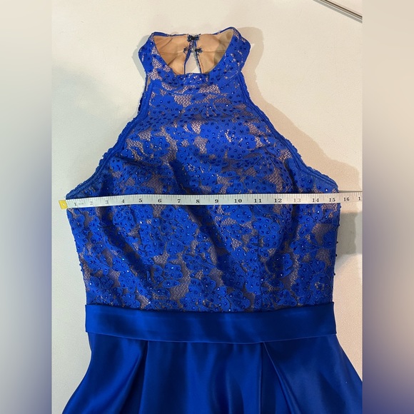 Jovani Blue Lace High Neck Lace Bodice Satin Long Dress Corset Back - Picture 11 of 16